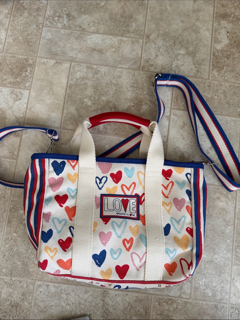 Brighton Multicolor Heart Canvas Crossbody Bag - White, Red, Blue, Pink, Orange